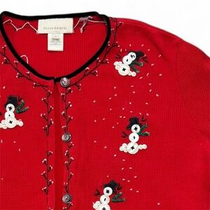 Vintage Susan Bristol Red Waffle  Snowman Cardigan Sweater Women's Large Holiday